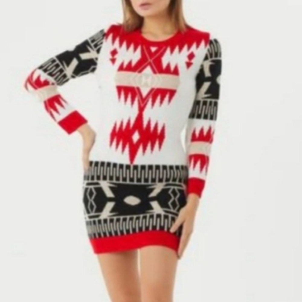 NWT One in a Million Size Small Red White Nordic Long Sleeve Sweater Mini Dress